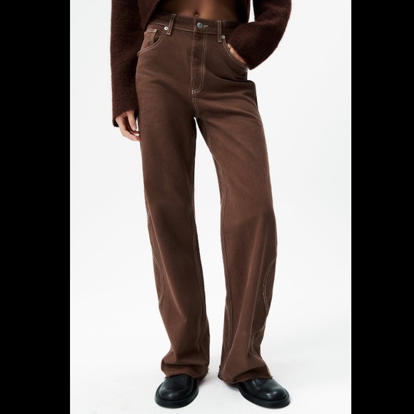 NWT ZARA WIDE LEG FULL LENGTH BROWN WAVY CURVY SIDE JEANS - Picture 3 of 10